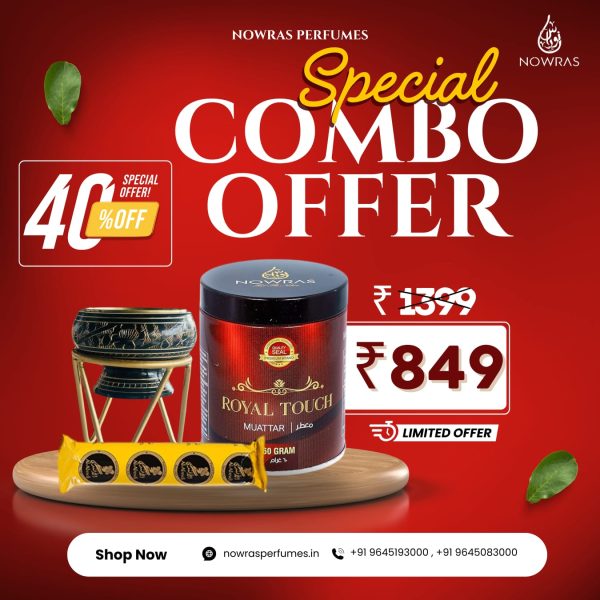 Nowras Royaltouch Bakhoor 60g with brass burner, magic charcoal, and charcoal picker combo for a premium fragrance experience.